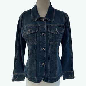 Ethyl Indigo Blue with Black Rhinestones Stretch Denim Jacket - Women’s Small